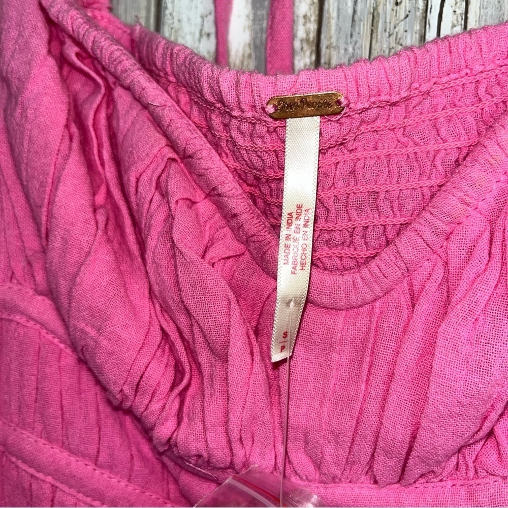 NWT Free People Chloe Pink Smocked Tie Back Blouse Puff Sleeve Crop Top S - Picture 6 of 7